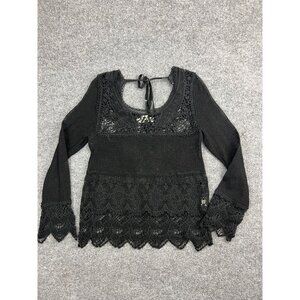 Staring At Stars Blouse Women's Medium Black Long Sleeve Crochet Lace Tie Neck